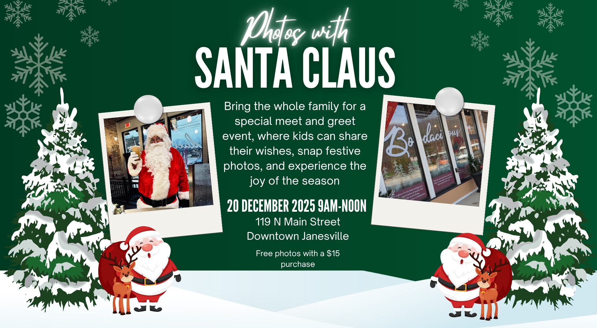 Photo with Santa Claus at Bodacious Shops Christmas event, featuring festive decor and holiday spirit.