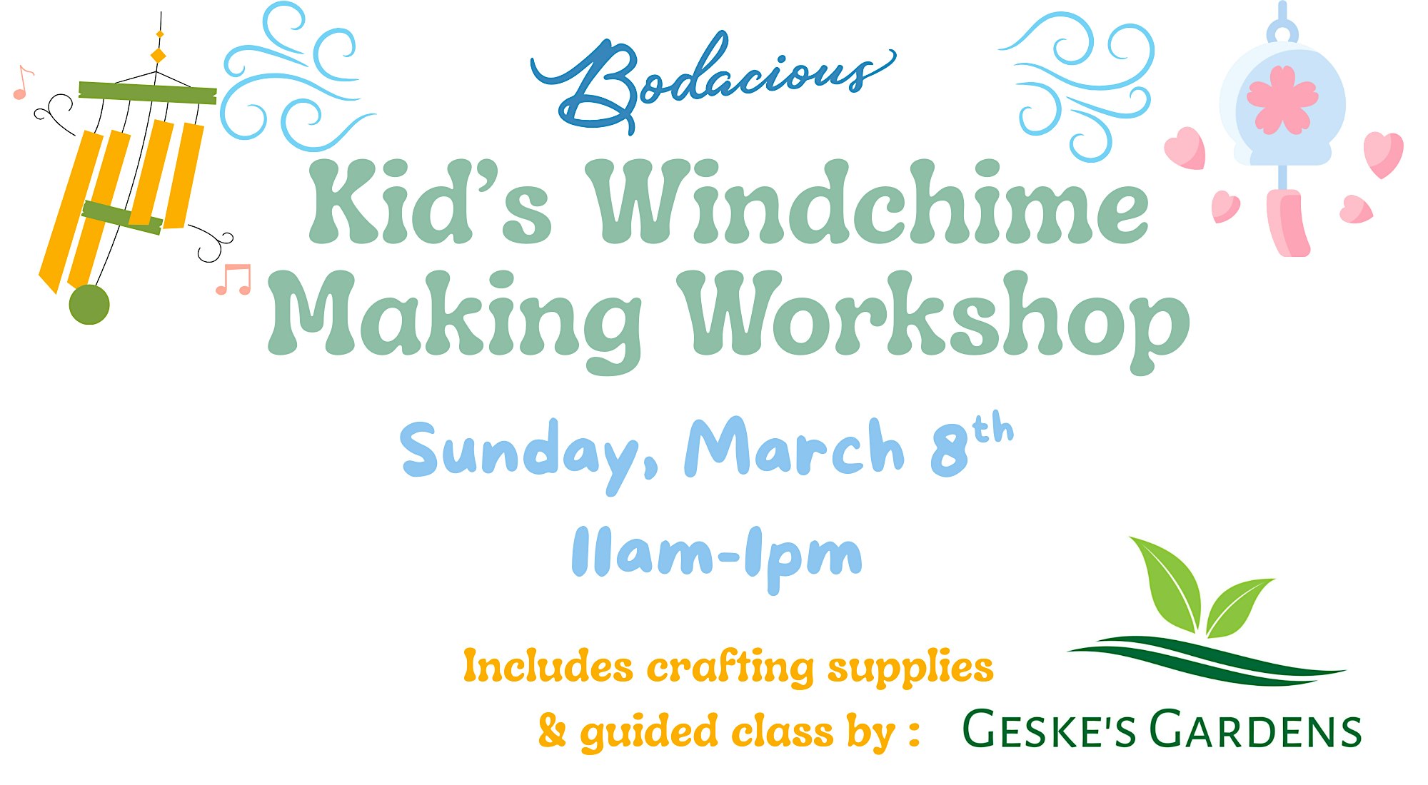 Kids crafting colorful windchimes during a workshop at Bodacious Shops, featuring crafting supplies and guided by Geske's Gardens on March 8th from 11am to 1pm.