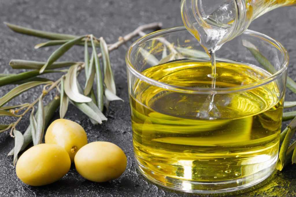 Premium extra virgin olive oil with herbs for cooking and salads.
