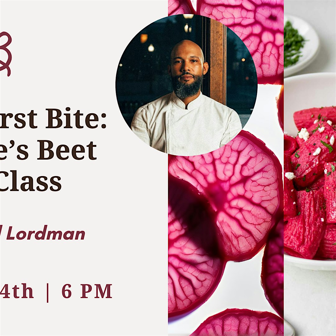 A professional chef in a white uniform promotes a beet-focused cooking class, highlighting fresh, vibrant beets and stylish plating, perfect for food enthusiasts interested in healthy, colorful dishes.