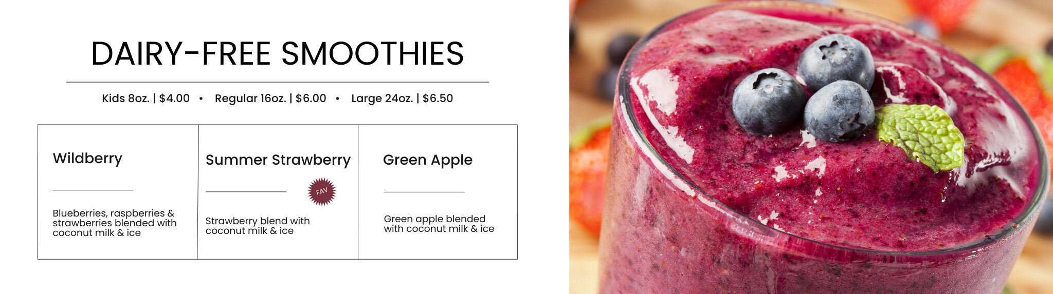 Fresh dairy-free smoothies with berries and fruits at Bodacious Shops, perfect for a healthy café experience in Janesville. Enjoy vibrant, refreshing drinks made with natural ingredients.
