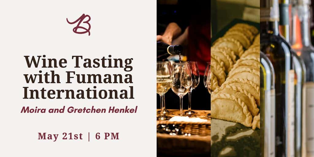 Wine tasting event featuring Fumana International wines with Moira and Gretchen Henkel, including wine glasses and tasting snacks, held at Bodacious Shops.