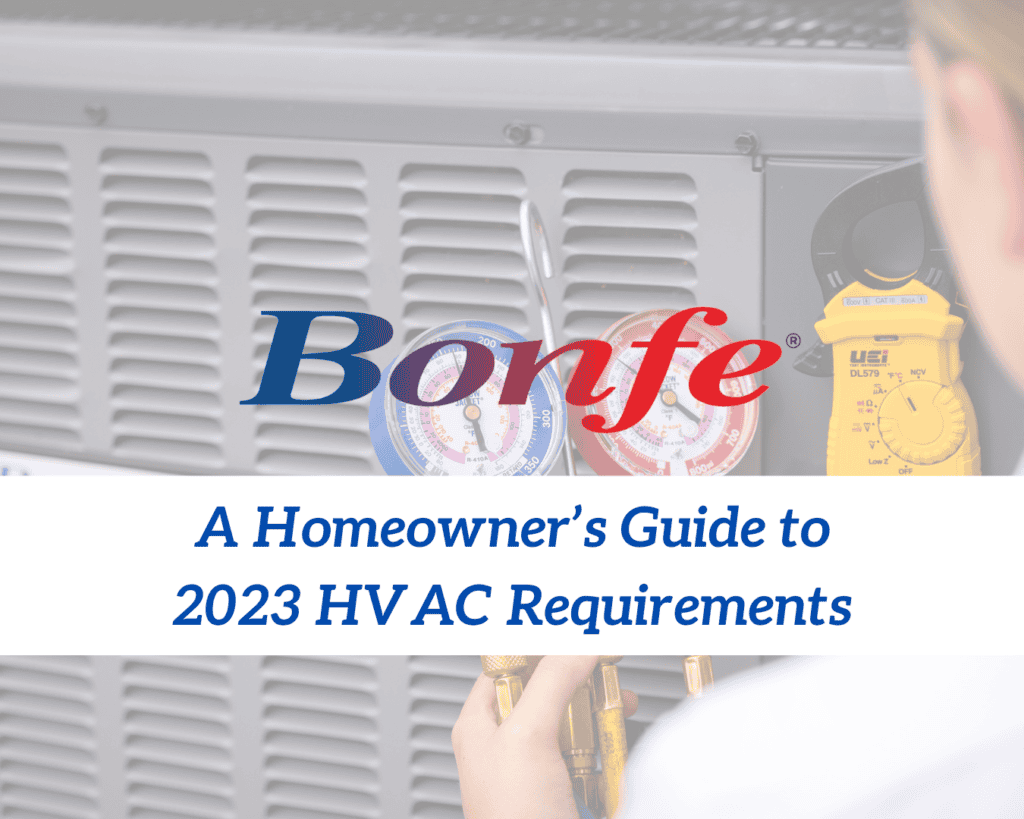 Cover of the June 2023 edition of "A Homeowner's Guide to HVAC Requirements," featuring a Bonfe Insider technician checking an HVAC unit with gauges.