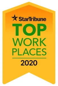 Star Tribune Top Workplaces 2020 yellow badge with a star symbol above the text.