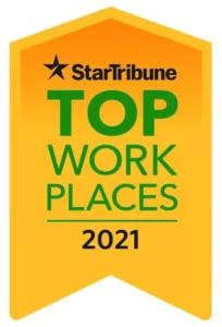 A yellow ribbon badge with "Star Tribune Top Workplaces 2021" in green and black text.