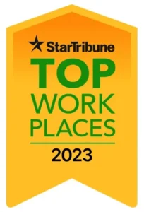 Yellow banner with a black star and text: "StarTribune Top Workplaces 2023.