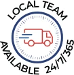 Icon of a delivery truck with text: "Local Team Available 24/7/365" encircled in a blue ring.