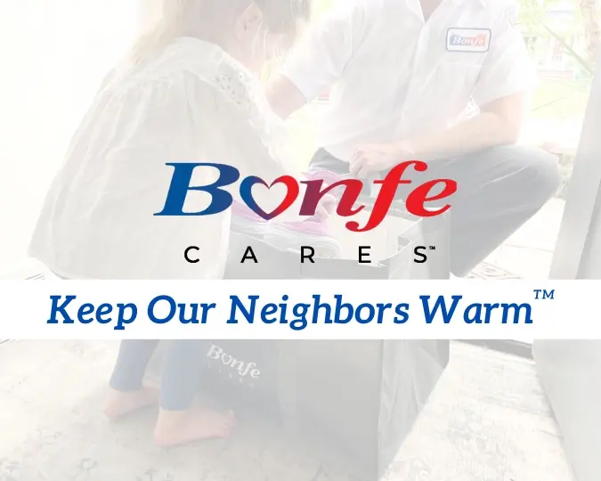 Child kneeling beside a person in a Bonfe shirt, with text overlay: "Bonfe Insider - October 2024: Keep Our Neighbors Warm.