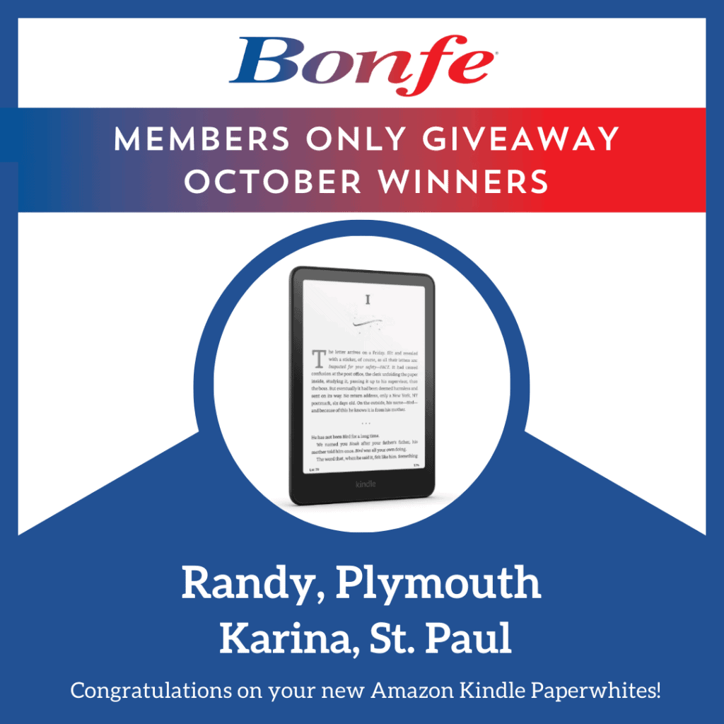 Graphic for a Bonfe Insider giveaway announcement, showcasing October winners Randy from Plymouth and Karina from St. Paul, each receiving an Amazon Kindle Paperwhite. Stay tuned for the exciting November 2024 prizes!.