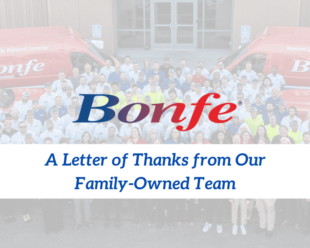 A large group of people stands in front of a building and two red vans. Text overlay reads: "Bonfe Insider: A Letter of Thanks from Our Family-Owned Team, December 2024.