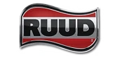 The image displays the RUUD logo, featuring the brand name in bold black letters on a wavy red and silver background.