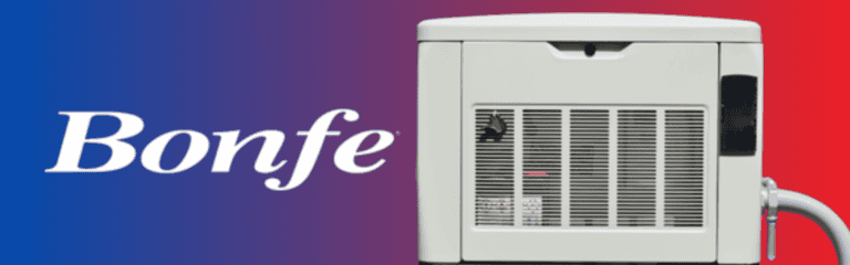 Air conditioning unit against a blue and red gradient background with the word "Bonfe" on the left side—perfect for Twin Cities homeowners seeking comfort, especially during power outages.