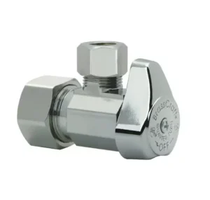 A chrome-plated brass angle stop valve with a compression fitting, commonly used to control water flow to plumbing fixtures—featured in the June 2025 Bonfe Insider.