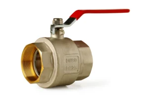 A metal ball valve with a red lever handle, brass-threaded ends, and "DN50 PN25" markings on the body, featured in the June 2025 Bonfe Insider, isolated on a white background.