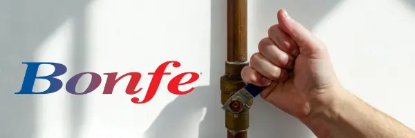 A hand turns a shut-off valve on a copper pipe; the words "Bonfe Insider, June 2025" appear in blue and red text on the left.