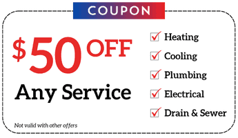 Coupon offering $50 off any service, including heating, cooling, plumbing, electrical, drain & sewer—even Emergency Services. Not valid with other offers.