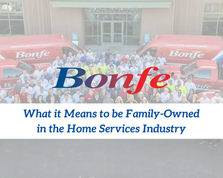 Large group of Bonfe employees stand in front of two company vans, with text: “What it Means to be Family-Owned in the Home Services Industry.” Featured in Bonfe Insider, August 2025.