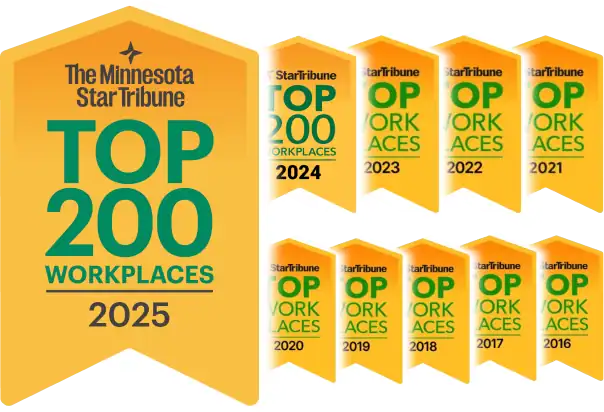A series of yellow banners, set in a career mockup, showing The Minnesota Star Tribune Top 200 Workplaces awards for the years 2016 through 2025.