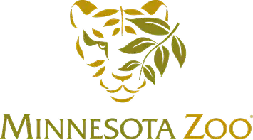 The Minnesota Zoo logo features a stylized animal face formed by yellow lines and green leaves, symbolizing the story of wildlife conservation, with "Minnesota Zoo" written below in large letters.