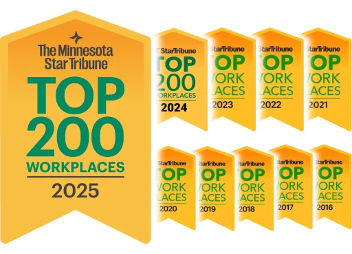 A collection of yellow banners highlights Bonfe History, celebrating Minnesota Star Tribune Top 200 Workplaces awards from 2016 through 2025.