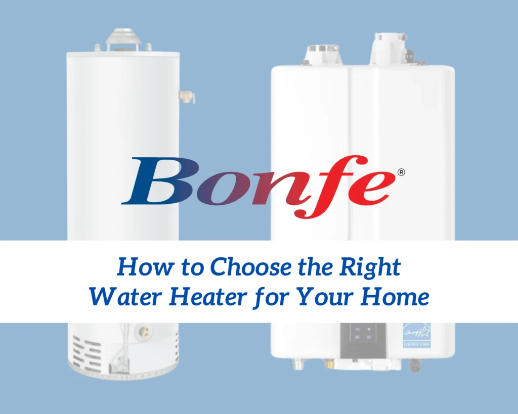 Two types of water heaters, one tank and one tankless, with the text "Bonfe: How to Choose the Right Water Heater for Your Home.