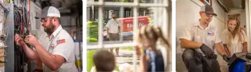 Three images show a technician in an Elementor-branded hat working with electrical wiring, arriving outside a house, and assisting a young girl indoors, all wearing a professional uniform.