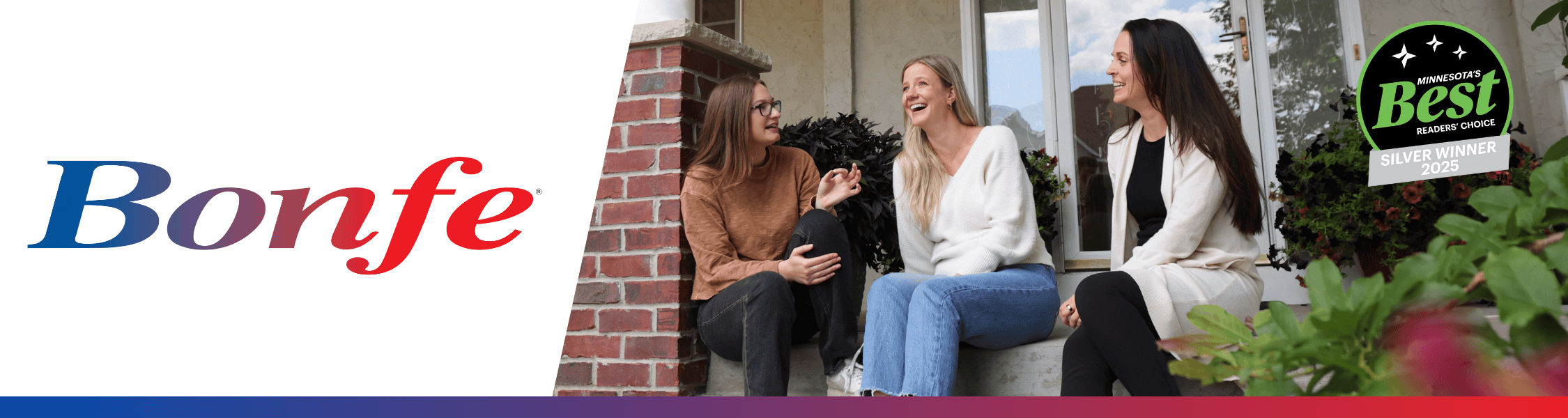 Three women sit and talk on a porch beside plants. To the left is the Bonfe logo; to the right is a badge reading "Best Places to Work, Silver Winner 2023." Contact us to learn more about our award-winning team.
