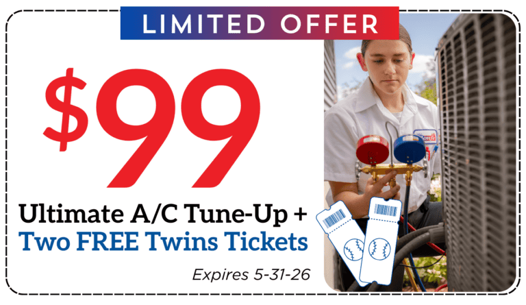 Let’s Clear That Up for You: Get the $99 Ultimate A/C Tune-Up with two free Twins tickets. Image shows a technician adjusting A/C gauges. Offer ends 5-31-26.