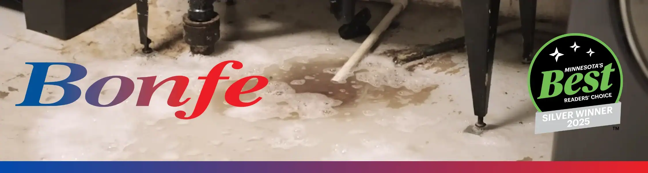 A sink drain is backed up and overflowing with dirty water and foam onto a basement floor—Let’s Clear That Up for You. A "Minnesota's Best Silver Winner 2023" badge is in the corner.