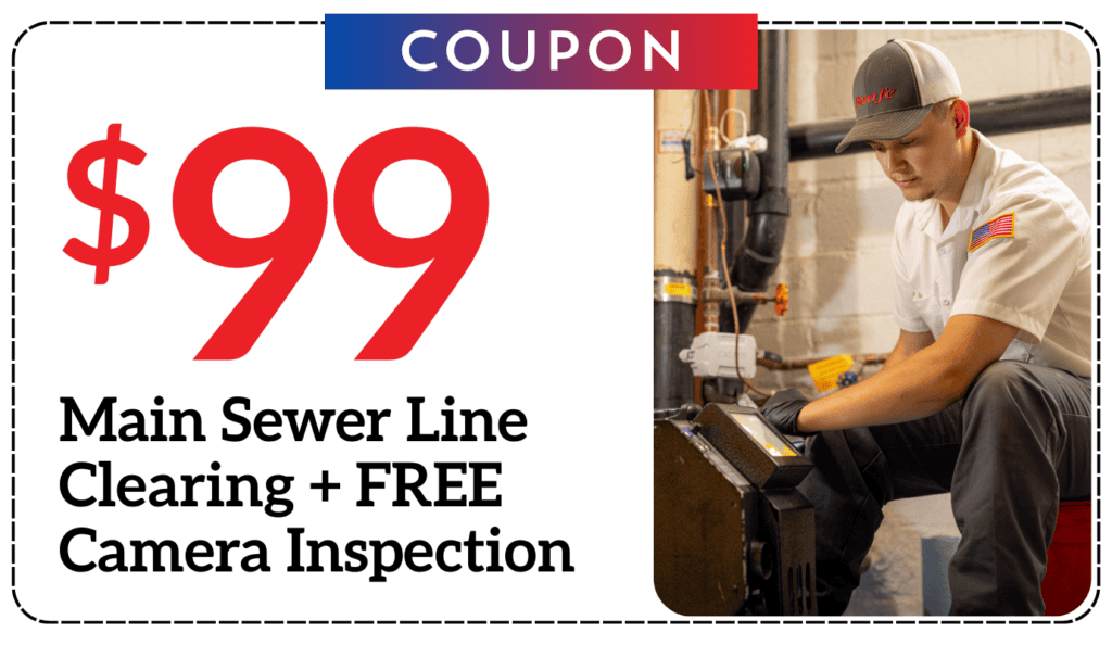 Coupon for $99 main sewer line clearing with free camera inspection. Let’s Clear That Up for You—our expert technician is ready to tackle your plumbing needs today!.