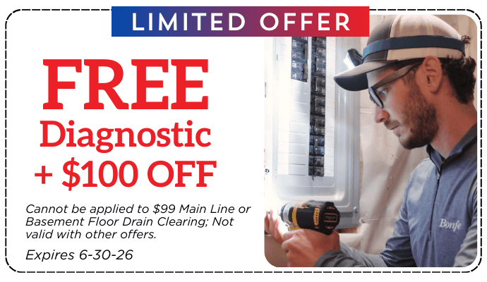 Coupon offering free diagnostic and $100 off; image shows a technician using a drill. Offer expires June 30, 2026. Terms and conditions apply.