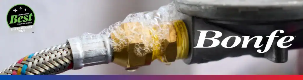 A gas line connection with soap bubbles indicating a leak, featured in the April 2026 Bonfe Insider, alongside the Bonfe logo and a "Best Silver Winner 2023" badge.