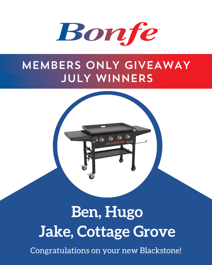 Bonfe July giveaway winners Ben, Hugo, and Jake from Cottage Grove receive a Blackstone grill, as featured in the August 2026 edition of the Bonfe Insider.