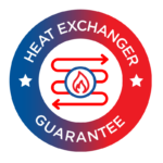 Circular badge with the words “Heat Exchanger Guarantee” and a red heat exchanger icon with a flame in the center, symbolizing our commitment to excellent customer service. Blue and red gradient border with white stars on each side.