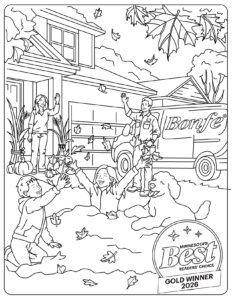 Two adults, two children, and a dog play in autumn leaves in front of a house with a “Bonfe” van parked outside, while the family gets ready for the Kids Coloring Contest. A “Minnesota’s Best Gold Winner 2026” badge is in the lower right corner.