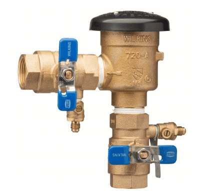 Brass Wilkins 720-A pressure vacuum breaker valve with two blue-handled shutoff valves and threaded pipe connections, featured in the August 2026 Bonfe Insider.