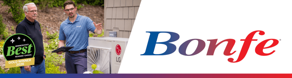 Two men stand by an outdoor HVAC unit; one explains something with a tablet in hand. The “Bonfe” logo and the “Minnesota’s Best Gold Winner 2026” badge are visible, highlighting the company’s trusted reputation. Captured in September 2026, this moment offers a behind-the-scenes look at expert service—straight from the Bonfe Insider.