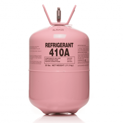 A pink cylinder labeled “Refrigerant 410A,” containing 25 lbs (11.3 kg) of hydrofluorocarbon gas, with a valve on top and instructions printed on the front, as featured in the Bonfe Insider, September 2026 edition.