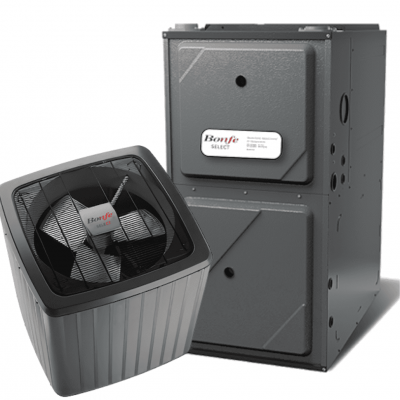 Two Bonfe Select HVAC units are shown: one is a gray outdoor air conditioning condenser, and the other is a matching indoor furnace or air handler unit—showcasing advanced comfort solutions featured in the Bonfe Insider, September 2026 edition.