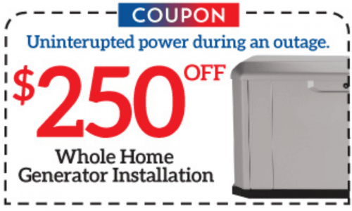 Coupon for $250 off whole home generator installation, with the phrase "Uninterrupted power during an outage" above a partial image of a generator. Ideal for Twin Cities homeowners seeking reliable solutions against any power outage.