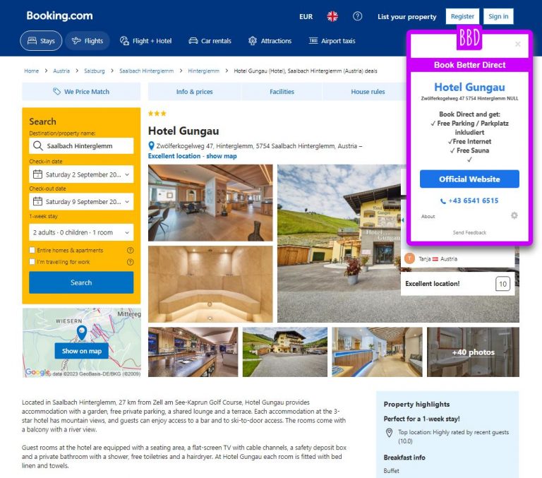 member hotel in hinterglemm, popup on booking website showin direct link and incentives