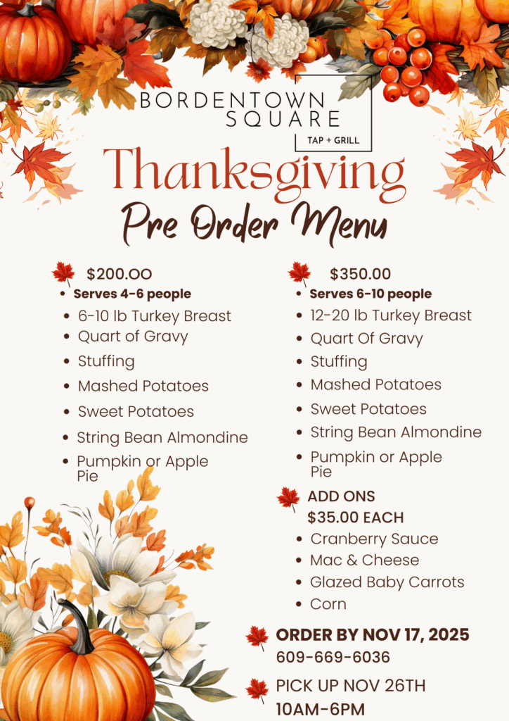 Thanksgiving Pre-Order Menu. 🦃 Choose Your Feast Family Feast (serves 4–6) — $200 Includes: 6–10 lb turkey breast • classic stuffing • mashed potatoes • sweet potatoes • string bean alamode • pie (Pumpkin or Apple) • quart of gravy. Flavor-packed, melt-in-your-mouth, and made fresh by our culinary team. Gathering Feast (serves 6–10) — $350 Includes: 12–20 lb turkey breast • classic stuffing • mashed potatoes • sweet potatoes • string bean alamode • pie (Pumpkin or Apple) • glazed baby carrots. A feast fit for family and friends — cozy, welcoming, and full of comfort food favorites. 🥘 Add-Ons — $35 each Cranberry Sauce • Mac & Cheese • Glazed Baby Carrots • Corn Hurry in — these Trending sides are the perfect way to round out your table.