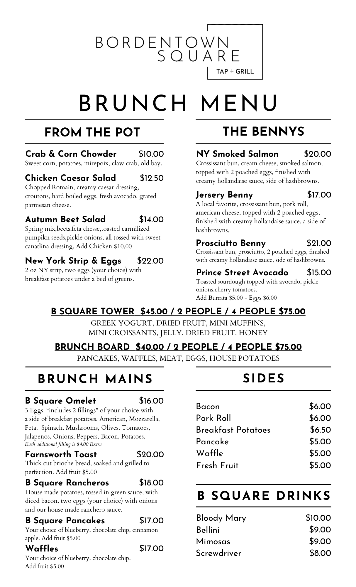 Brunch Menu at Bordentown Square