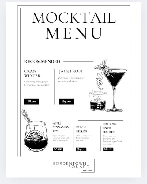 Mocktail Menu for Bordentown square