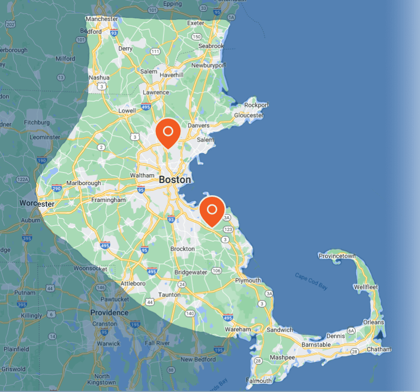 Map of eastern Massachusetts highlighting our Service Area with two location pins: one in Boston and another south of Boston near the coast. Major highways and cities are clearly labeled.
