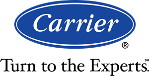 The Carrier logo features the word "Carrier" in white italics inside a blue oval, with "HEATING & AIR CONDITIONING" in black below.