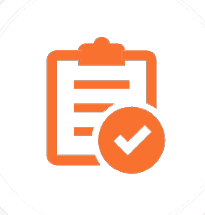 An orange clipboard with lines and a checkmark in a circle overlay on a black background, symbolizing completed tasks or an approved checklist.