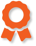 Solid orange award ribbon icon with two tails, representing achievement or recognition.