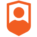 Orange icon of a person inside a shield-shaped outline on a black background.