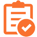 Orange clipboard with a checklist and a large checkmark in front, indicating completion or approval.